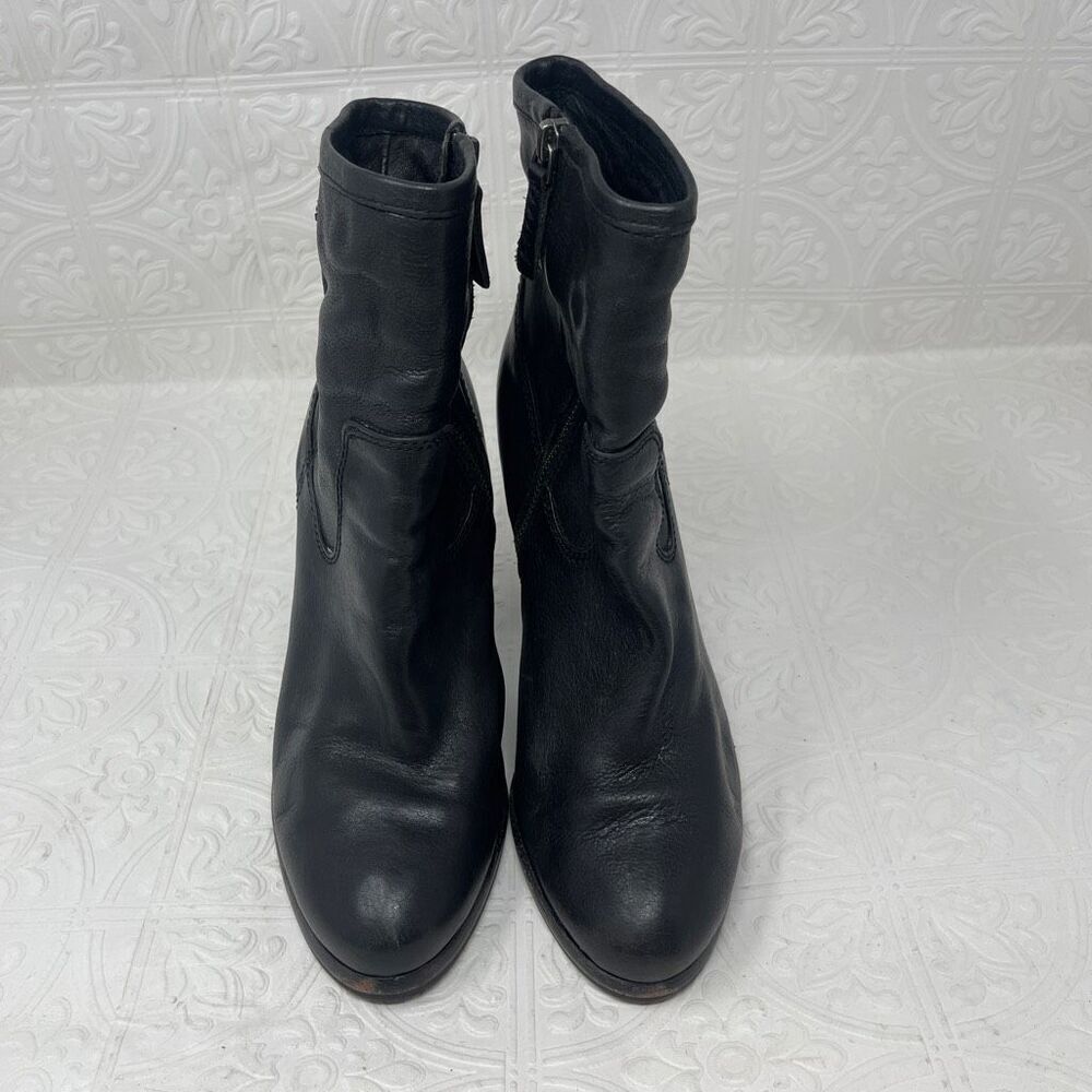 Frye Patty Artisan Zip ankle boots in black leather with a stacked wood block he